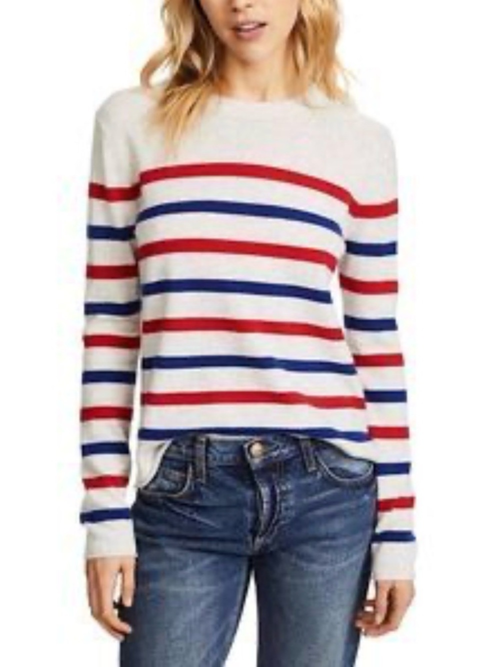 Velvet by Graham & Spencer Jorgie Striped Cashmere Sweater Cream Red Blue Medium